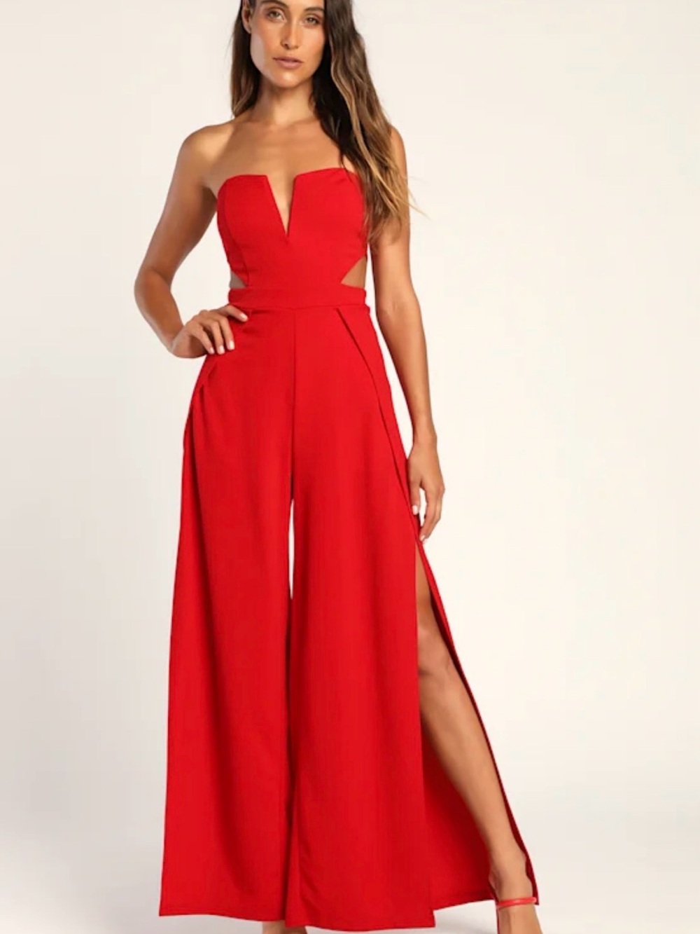 Red Strapless Wide-Leg Jumpsuit with Side Slits